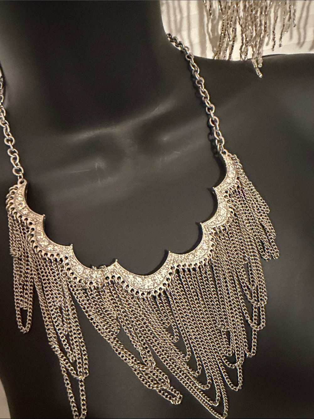 Silver Fringe Scalloped Statement Necklace and Earrings- Women Jewelry - Picture 3 of 9